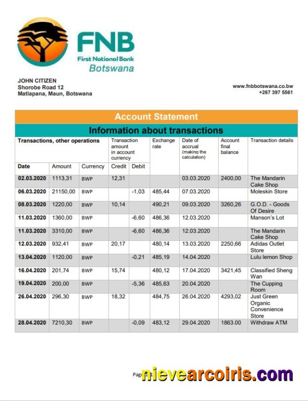 Botswana First National Bank statement